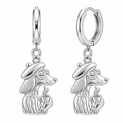 Artisan Poodle With Coffee Huggie Charm Earrings – silver, front view