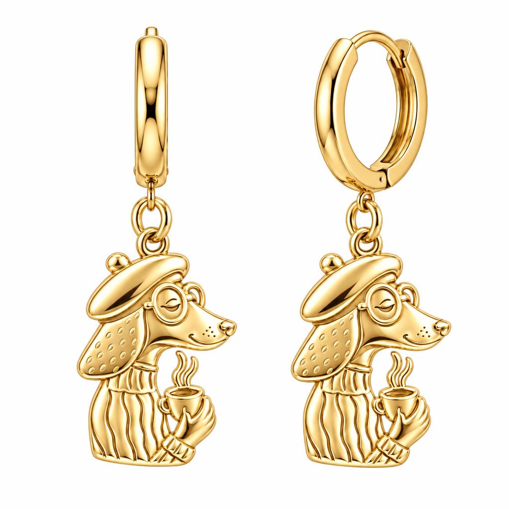 Artisan Poodle With Coffee Huggie Charm Earrings – 18K gold, front view