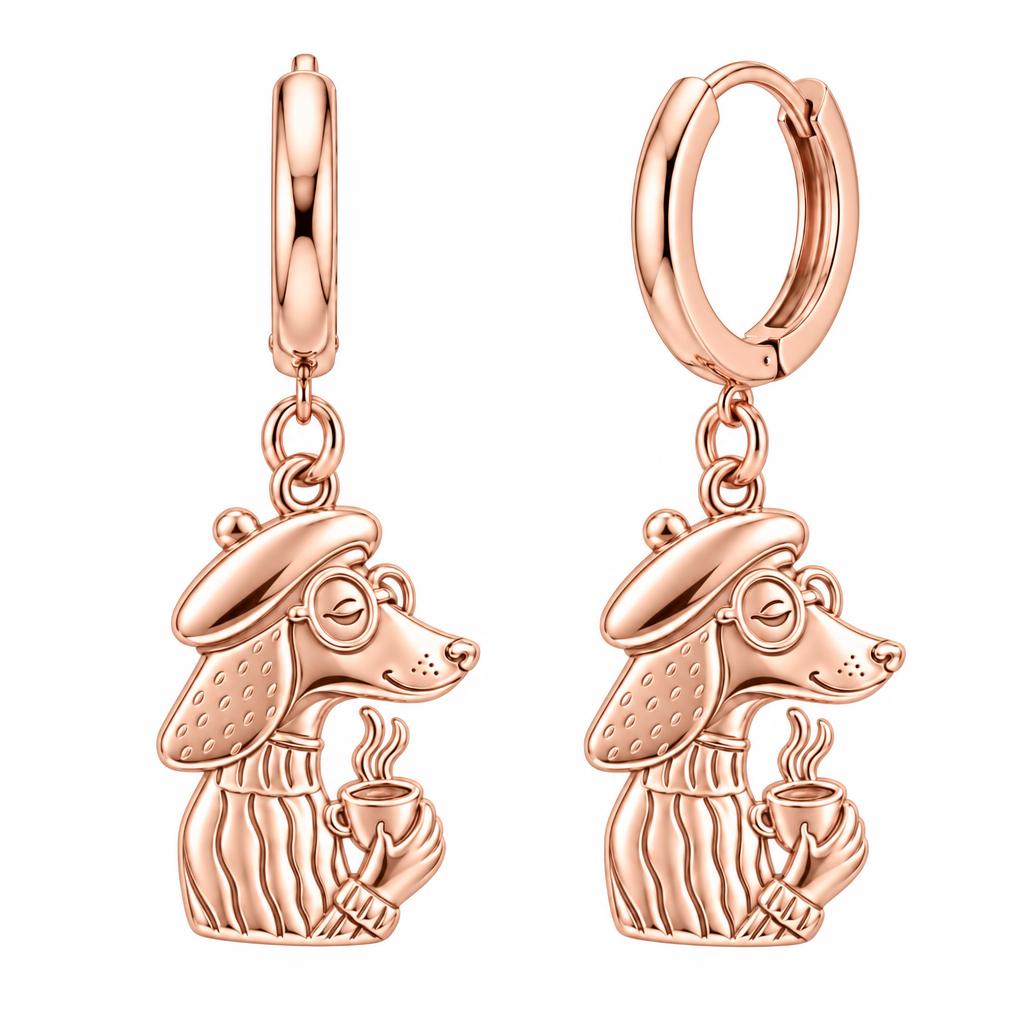 Artisan Poodle With Coffee Huggie Charm Earrings – rose gold, front view