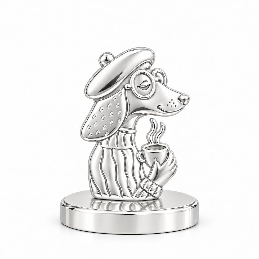 Artisan Poodle With Coffee Keepsake Plaque – silver, front view