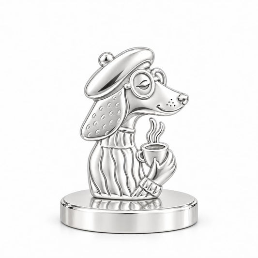 Artisan Poodle With Coffee Keepsake Plaque – silver, front view