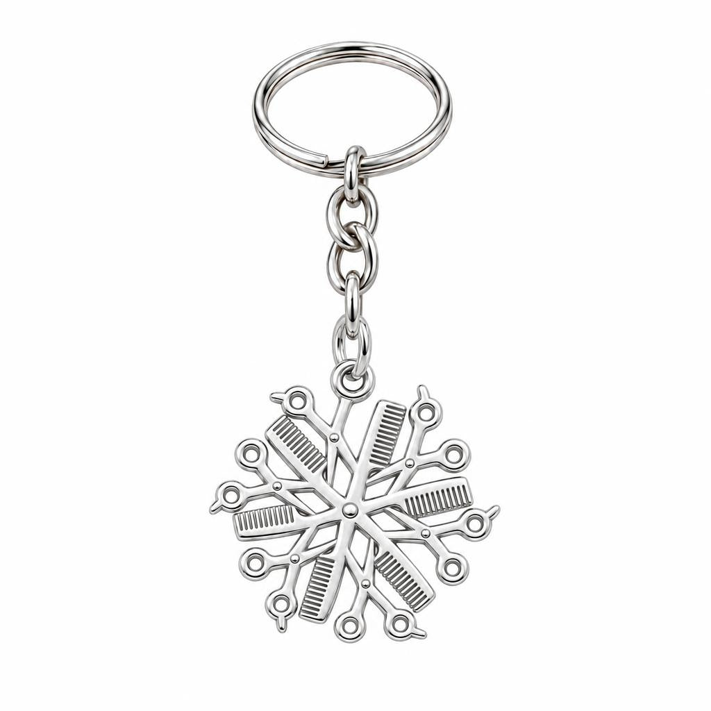 Artisan Shears and Comb Mandala Charm Keychain – silver, front view