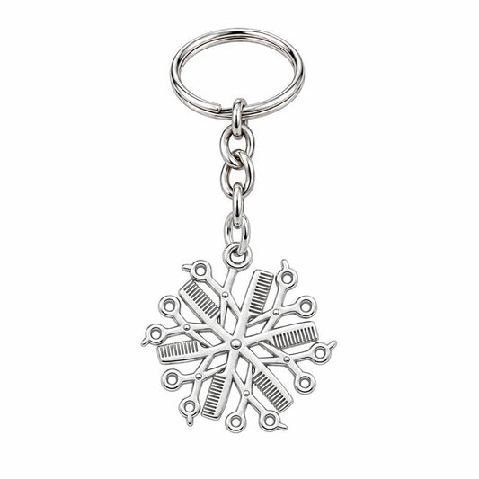 Artisan Shears and Comb Mandala Charm Keychain – silver, front view