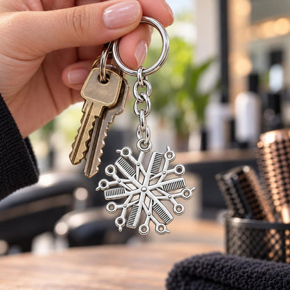 Artisan Shears and Comb Mandala Charm Keychain – worn / in use