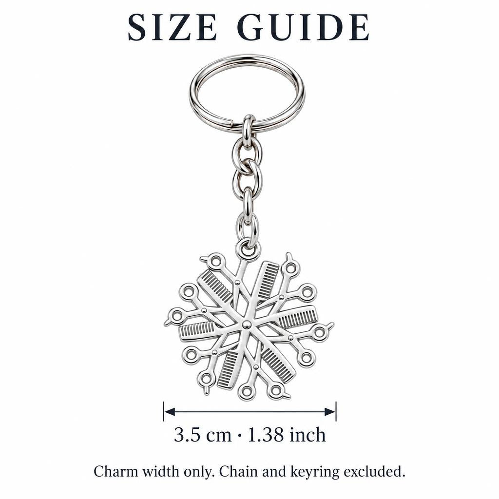 Artisan Shears and Comb Mandala Charm Keychain – size guide, 3.5 cm (1.38 in) charm, chain and keyring excluded
