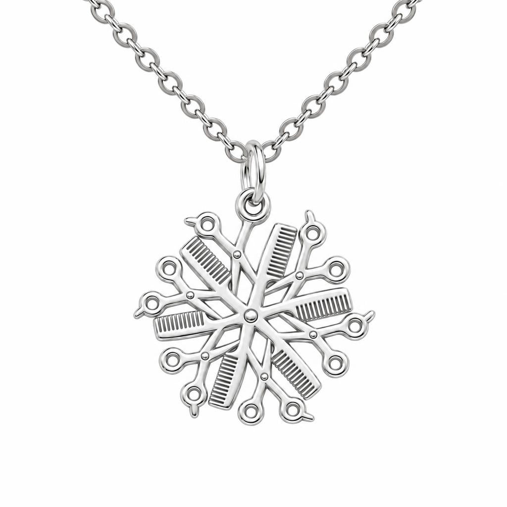 Artisan Shears and Comb Mandala Charm Necklace Set – silver, front view