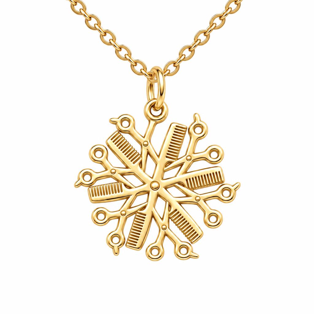 Artisan Shears and Comb Mandala Charm Necklace Set – 18K gold, front view
