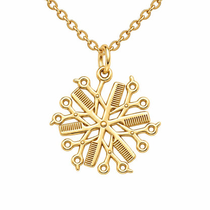 Artisan Shears and Comb Mandala Charm Necklace Set – 18K gold, front view