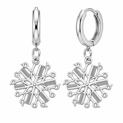 Artisan Shears and Comb Mandala Huggie Charm Earrings – silver, front view