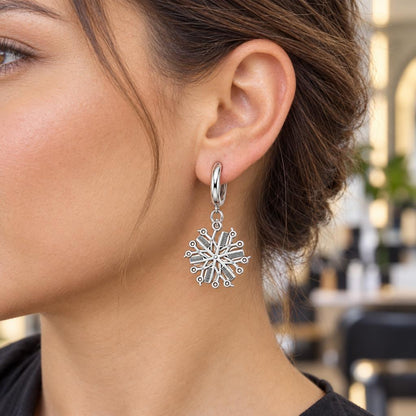 Artisan Shears and Comb Mandala Huggie Charm Earrings – worn / in use