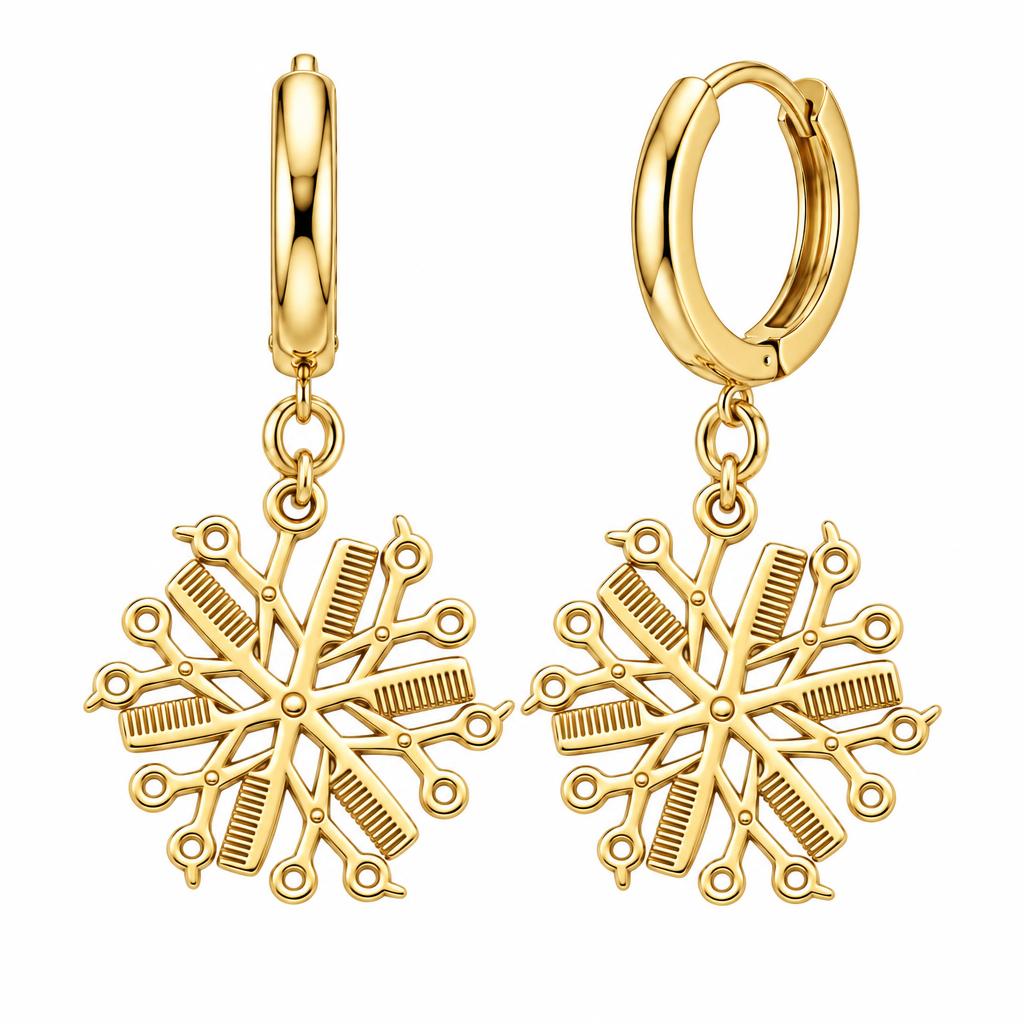 Artisan Shears and Comb Mandala Huggie Charm Earrings – 18K gold, front view