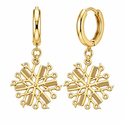 Artisan Shears and Comb Mandala Huggie Charm Earrings – 18K gold, front view