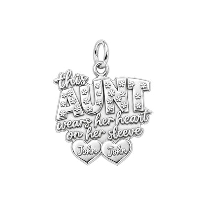 Auntie Heart on Sleeve Charm Bracelet – Personalized Aunt Gift – silver plated 3 cm charm, front view