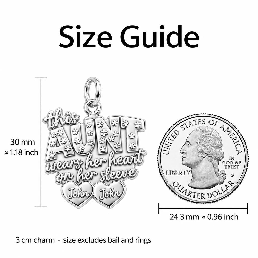 Auntie Heart on Sleeve Charm Bracelet – Personalized Aunt Gift – size guide, 3 cm charm next to a quarter