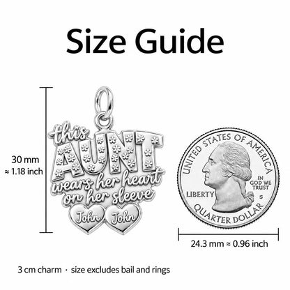 Auntie Heart on Sleeve Charm Bracelet – Personalized Aunt Gift – size guide, 3 cm charm next to a quarter