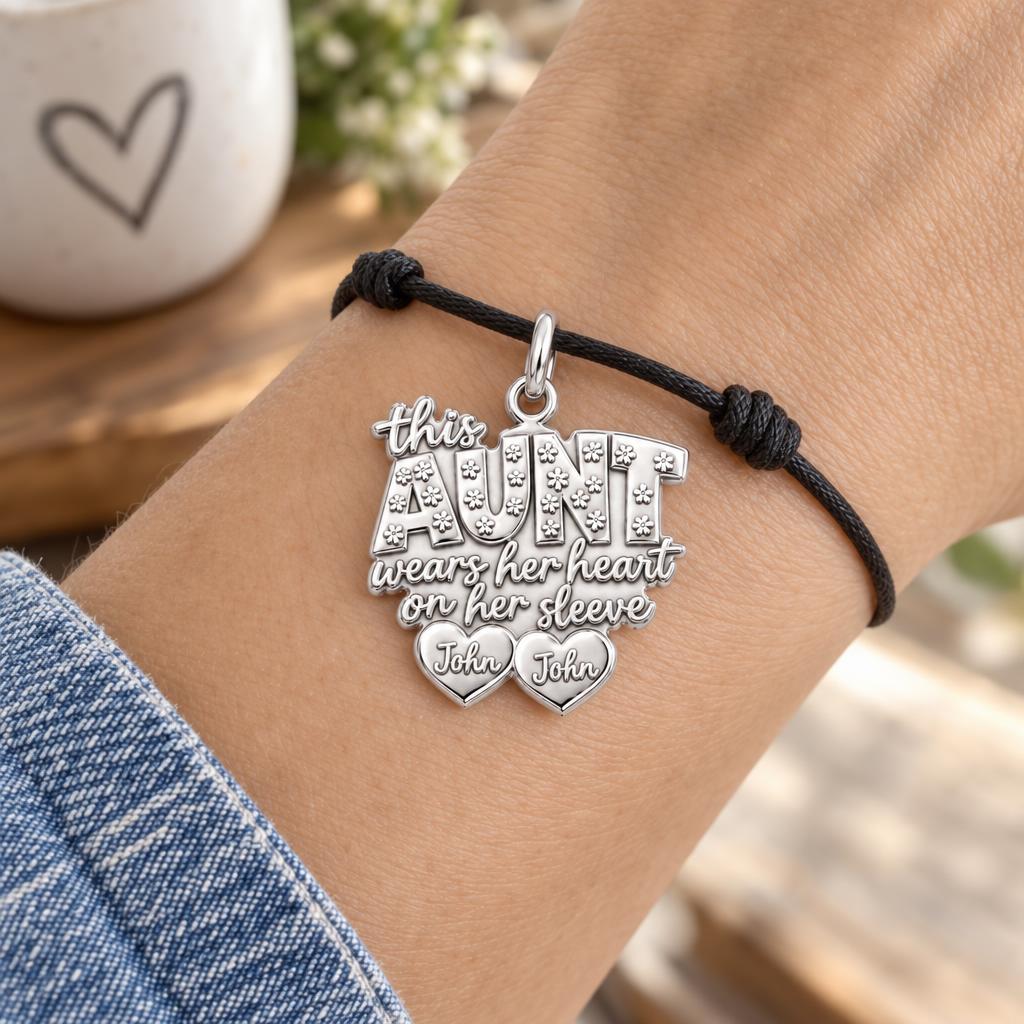 Auntie Heart on Sleeve Charm Bracelet – Personalized Aunt Gift – worn on the wrist on a black cord bracelet