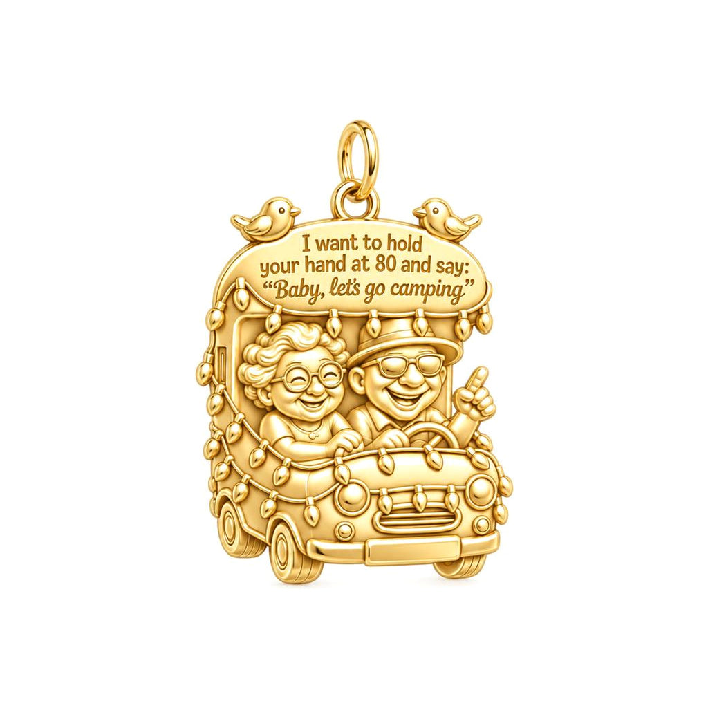 Baby Let's Go Camping Charm and Polyester Cord Bracelet Set – 18K gold plated 3 cm charm, front view