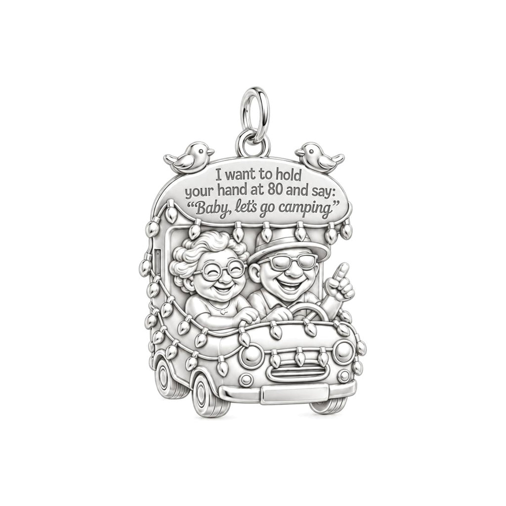 Baby Let's Go Camping Charm and Polyester Cord Bracelet Set – silver plated 3 cm charm, front view
