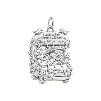 Baby Let's Go Camping Charm and Polyester Cord Bracelet Set – silver plated 3 cm charm, front view