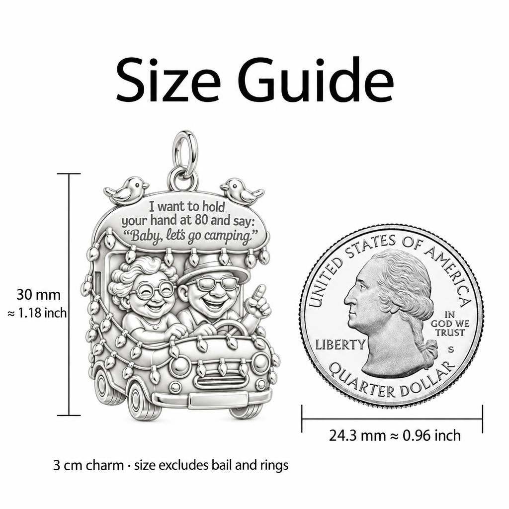 Baby Let's Go Camping Charm and Polyester Cord Bracelet Set – size guide, 3 cm charm next to a quarter
