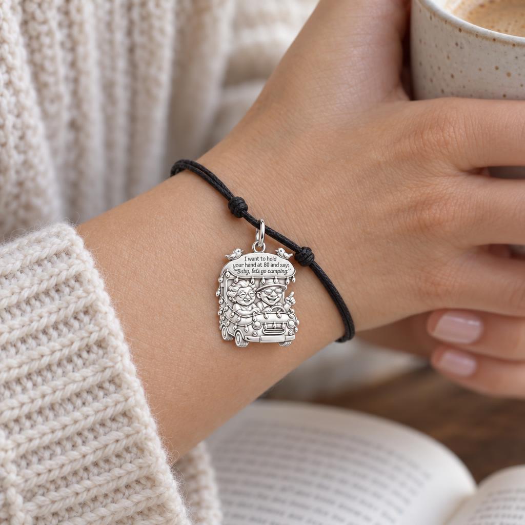 Baby Let's Go Camping Charm and Polyester Cord Bracelet Set – worn on the wrist on a black cord bracelet