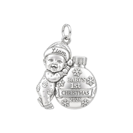 Baby's First Christmas Charm Bracelet – Personalized Mom Gift – silver plated 2 cm charm, front view