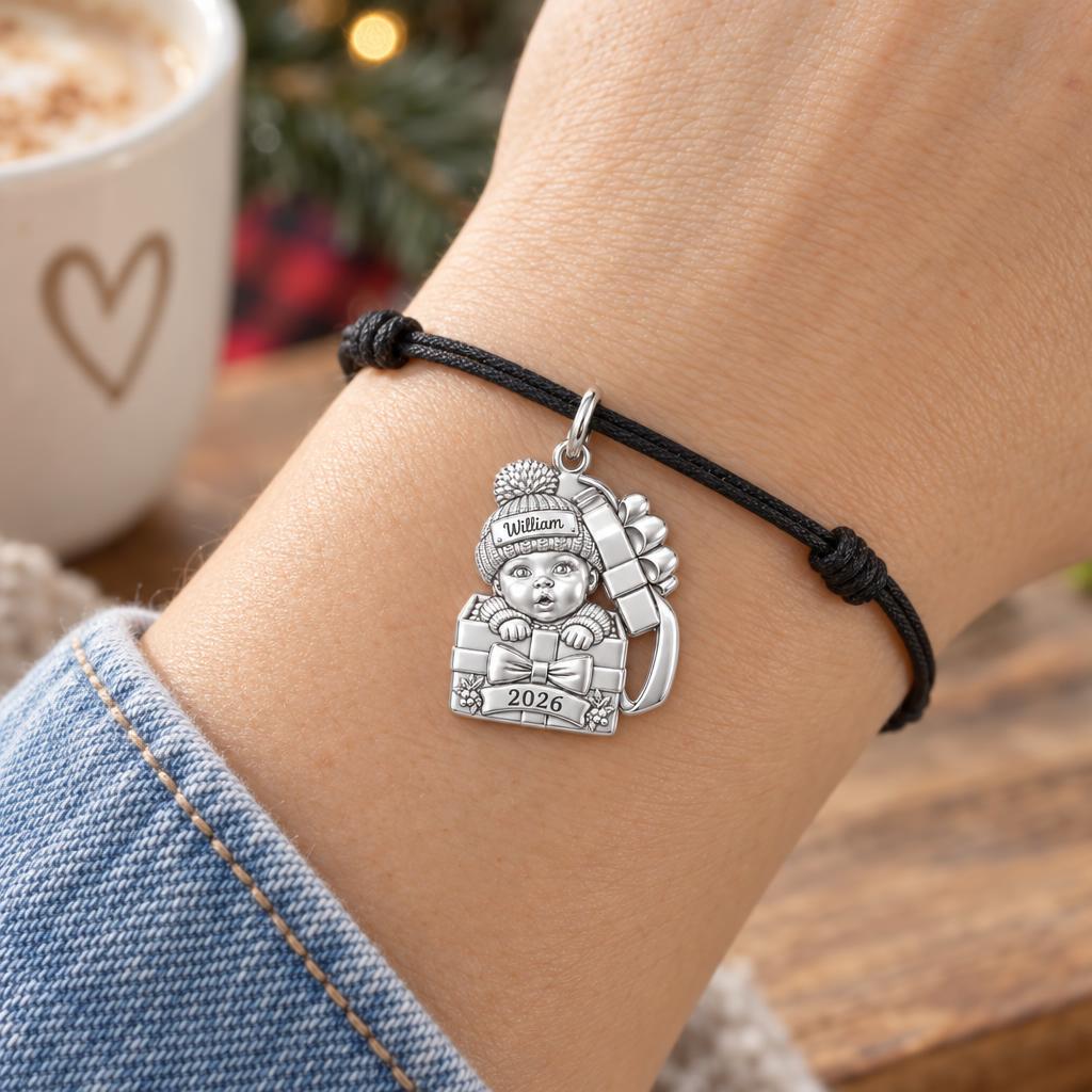 Baby's First Gift Box Charm Bracelet – Personalized Mom Gift – worn on the wrist on a black cord bracelet