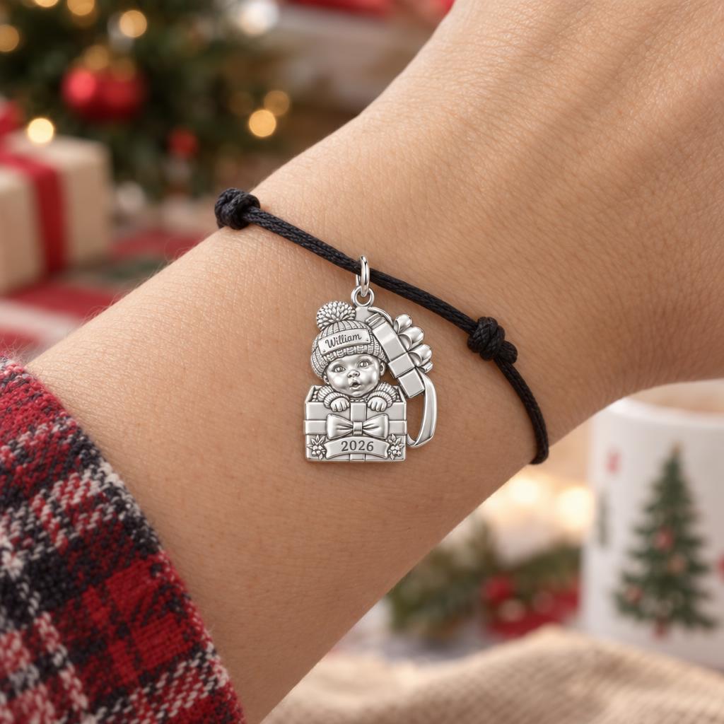 Baby's First Gift Box Charm Bracelet – Personalized Mom Gift – worn on the wrist on a black cord bracelet