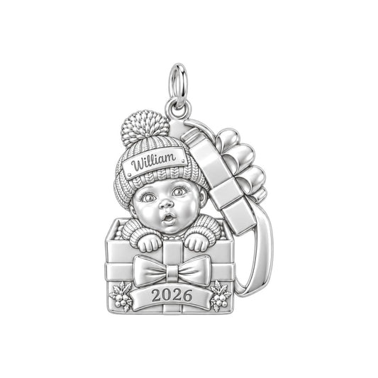 Baby's First Gift Box Charm Bracelet – Personalized Mom Gift – silver charm, front view