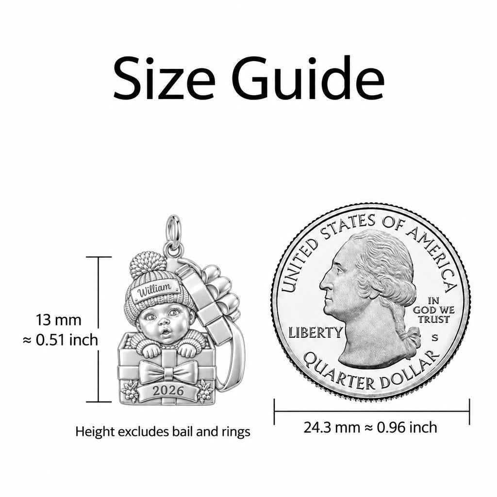 Baby's First Gift Box Charm Bracelet – Personalized Mom Gift – size guide, 13 mm charm next to a quarter