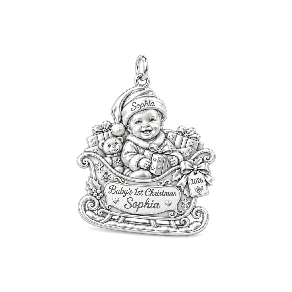Baby's First Sleigh Ride Charm Bracelet – Personalized Mom Gift – silver plated 2 cm charm, front view