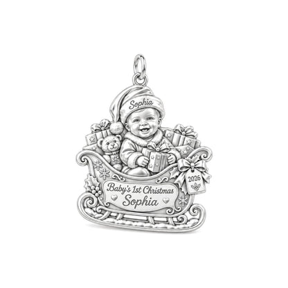 Baby's First Sleigh Ride Charm Bracelet – Personalized Mom Gift – silver plated 2 cm charm, front view