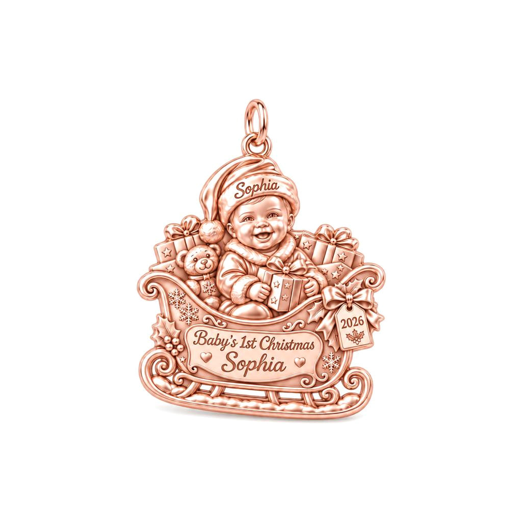 Baby's First Sleigh Ride Charm Bracelet – Personalized Mom Gift – rose gold 2 cm charm, front view