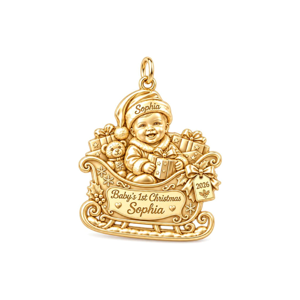 Baby's First Sleigh Ride Charm Bracelet – Personalized Mom Gift – 18K gold plated 2 cm charm, front view
