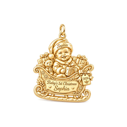 Baby's First Sleigh Ride Charm Bracelet – Personalized Mom Gift – 18K gold plated 2 cm charm, front view
