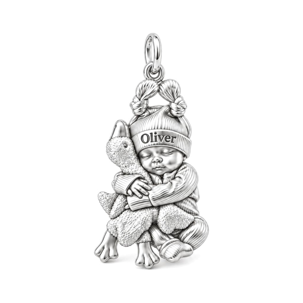 Baby Snuggling Goose Charm Bracelet – Personalized Mom Gift – silver charm, front view