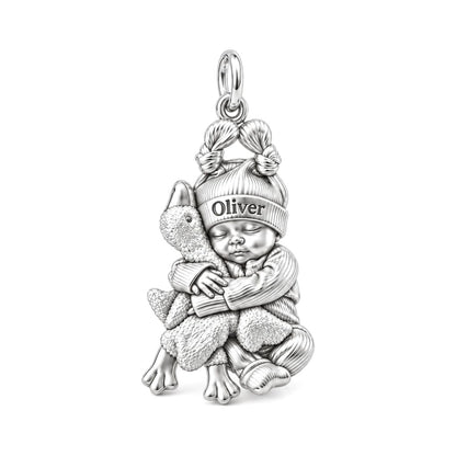 Baby Snuggling Goose Charm Bracelet – Personalized Mom Gift – silver charm, front view