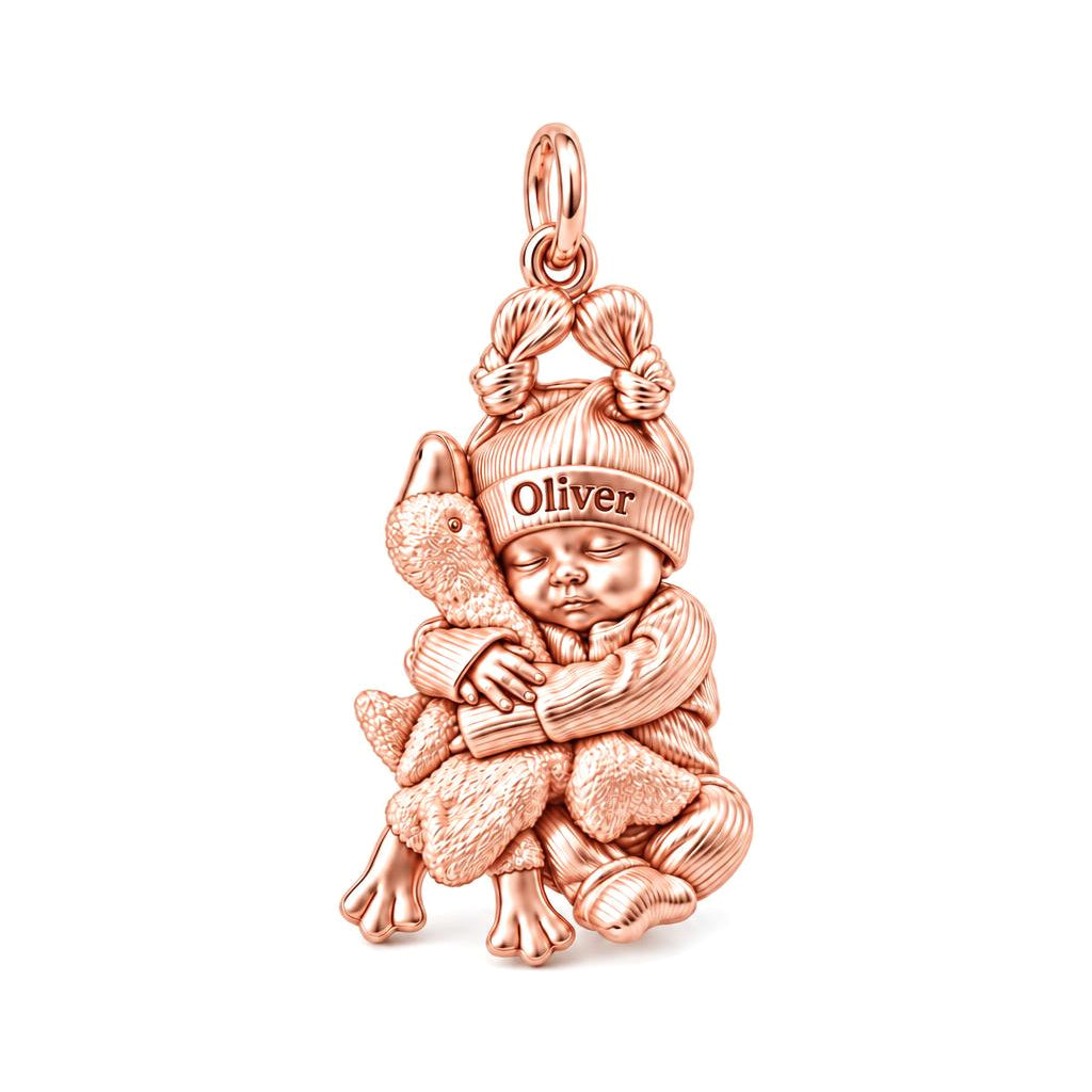 Baby Snuggling Goose Charm Bracelet – Personalized Mom Gift – rose gold charm, front view
