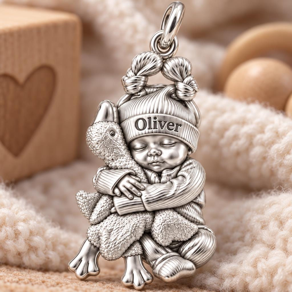 Baby Snuggling Goose Charm Bracelet – Personalized Mom Gift – macro detail of the charm