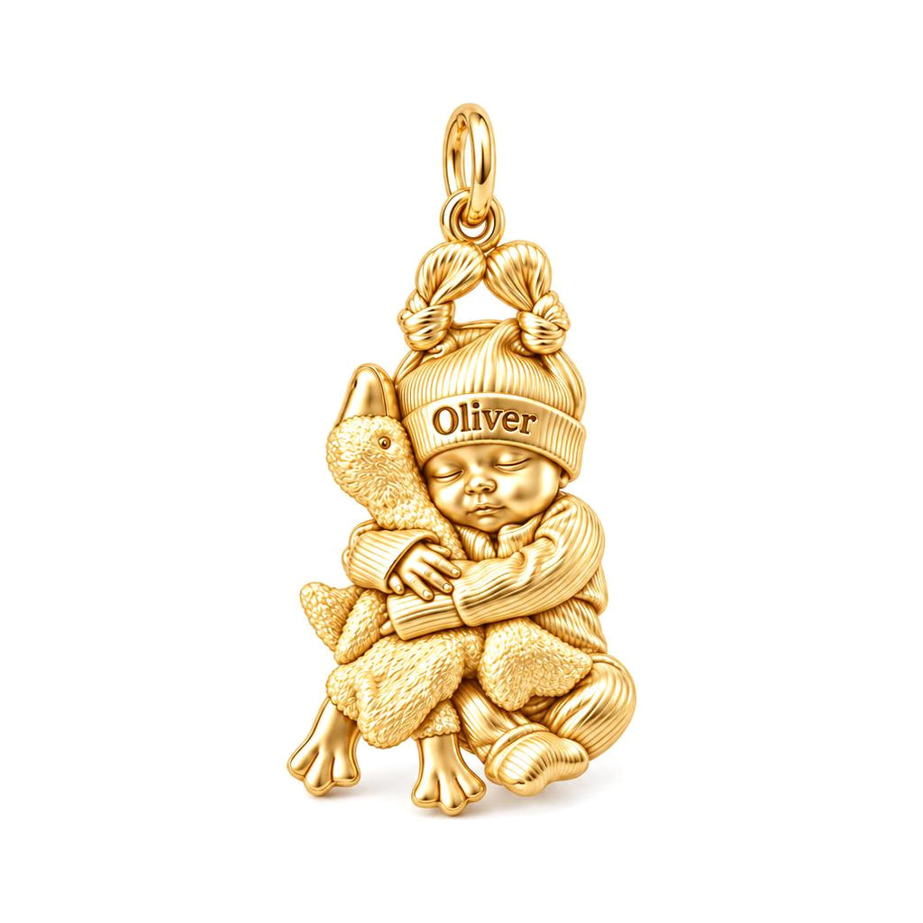 Baby Snuggling Goose Charm Bracelet – Personalized Mom Gift – 18K gold charm, front view