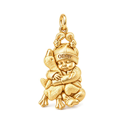 Baby Snuggling Goose Charm Bracelet – Personalized Mom Gift – 18K gold charm, front view