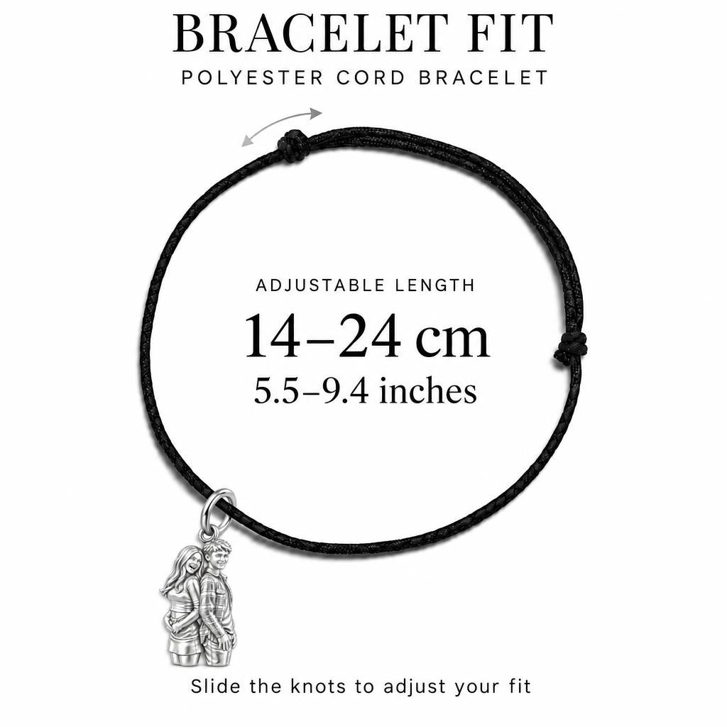 Back-to-Back Together Charm Bracelet – Personalized Couple Gift – adjustable black cord bracelet, 14–24 cm