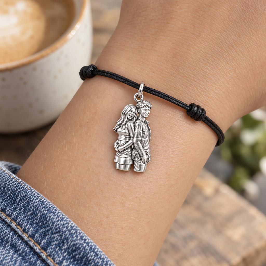 Back-to-Back Together Charm Bracelet – Personalized Couple Gift – worn on the wrist on a black cord bracelet