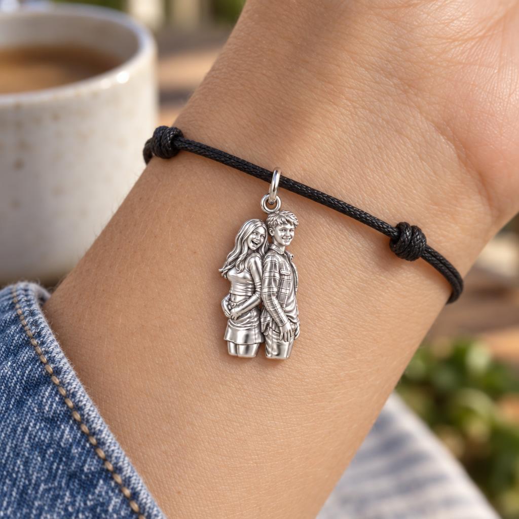 Back-to-Back Together Charm Bracelet – Personalized Couple Gift – worn on the wrist on a black cord bracelet