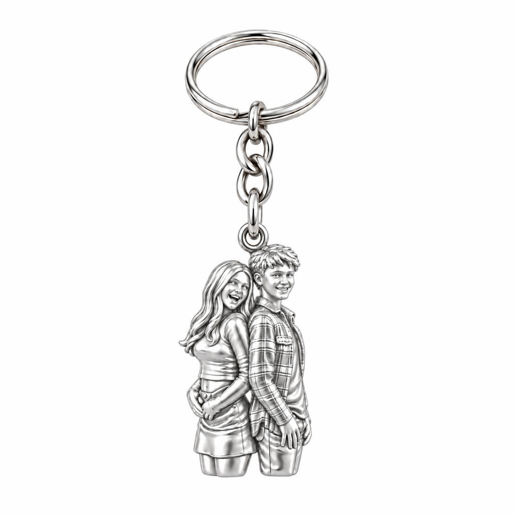 Back-to-Back Together Charm Keychain – silver, front view