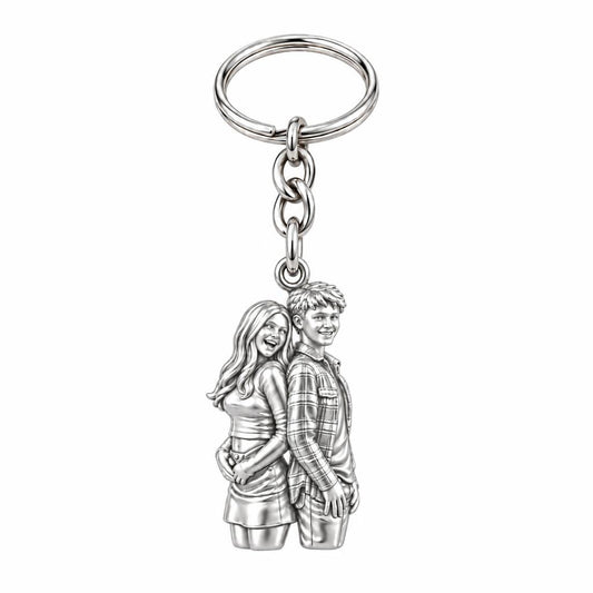Back-to-Back Together Charm Keychain – silver, front view