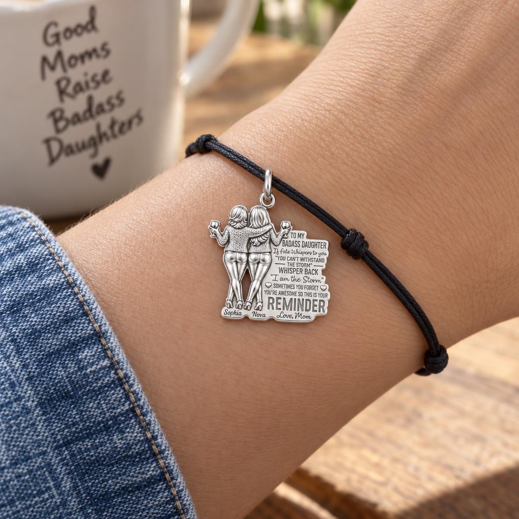 Badass Daughter Storm Charm Bracelet – Personalized Daughter Gift – worn on the wrist on a black cord bracelet
