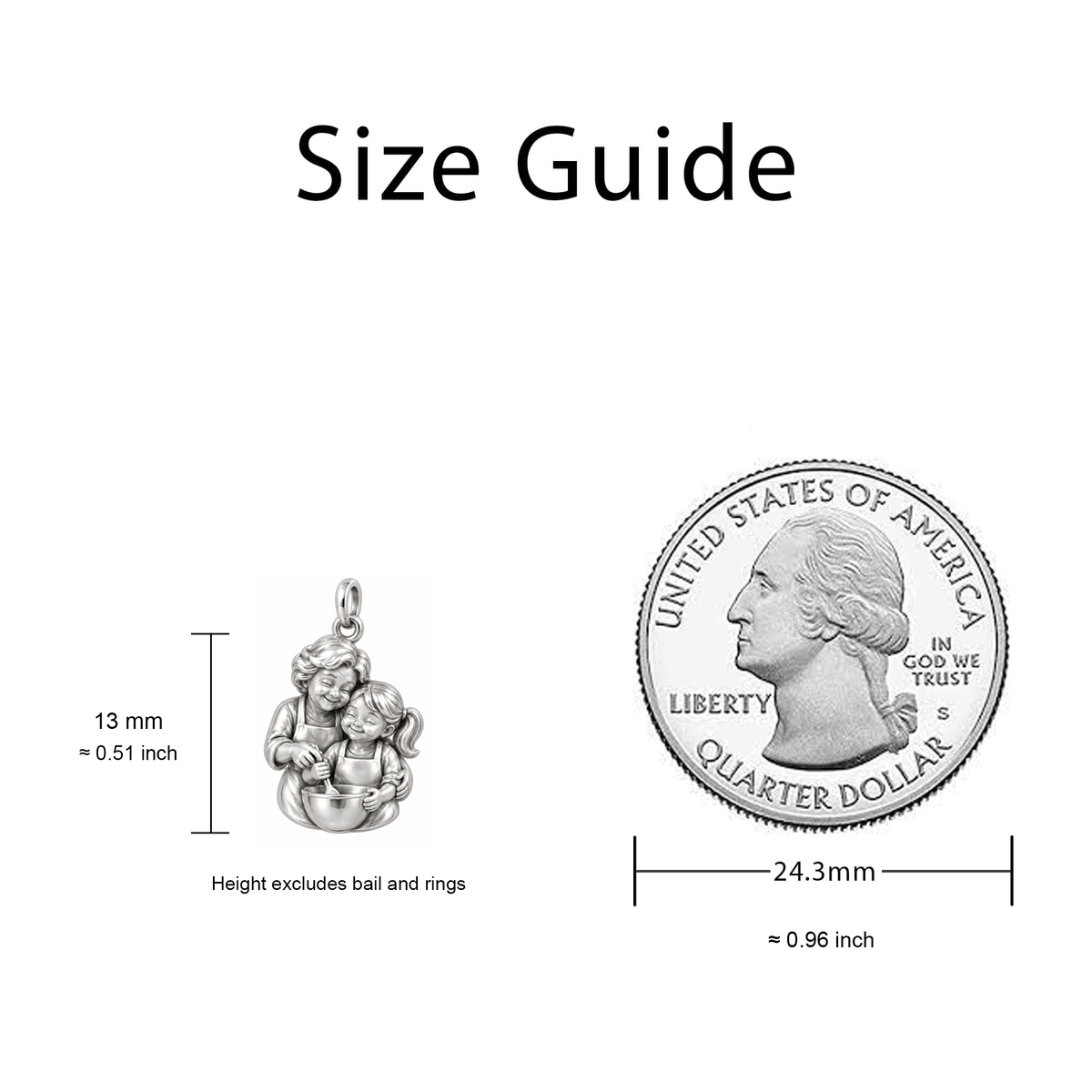 Baking with Grandma Charm size guide — 13 mm body excluding bail and rings; quarter diameter 24.3 mm