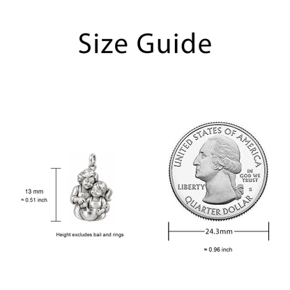 Baking with Grandma Charm size guide — 13 mm body excluding bail and rings; quarter diameter 24.3 mm