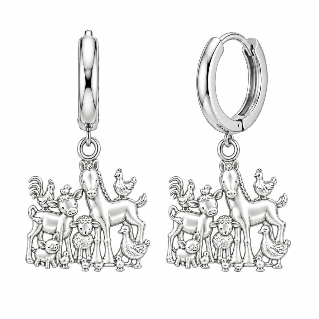 Barnyard Besties Huggie Charm Earrings – silver, front view